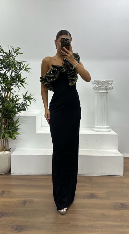 Black and Gold One Shoulder Ruffled Evening Dress