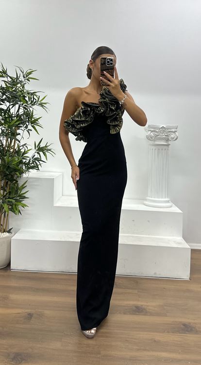 Black and Gold One Shoulder Ruffled Evening Dress
