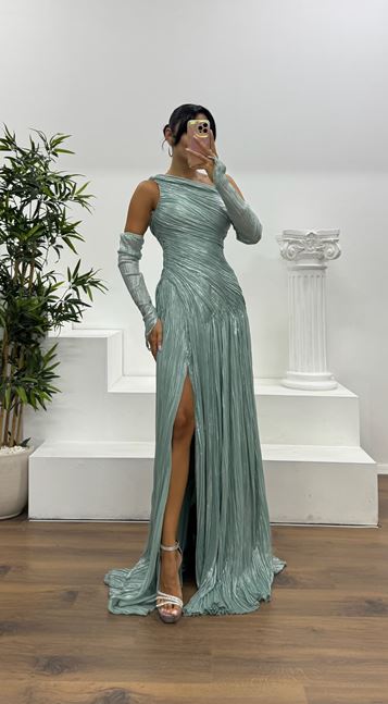 Firuze One Shoulder Evening Dress with Gloves