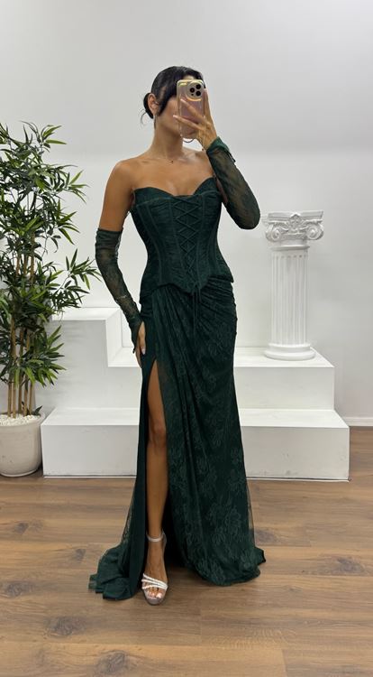 Zümrüt Straplez Dantel Abiye Elbise