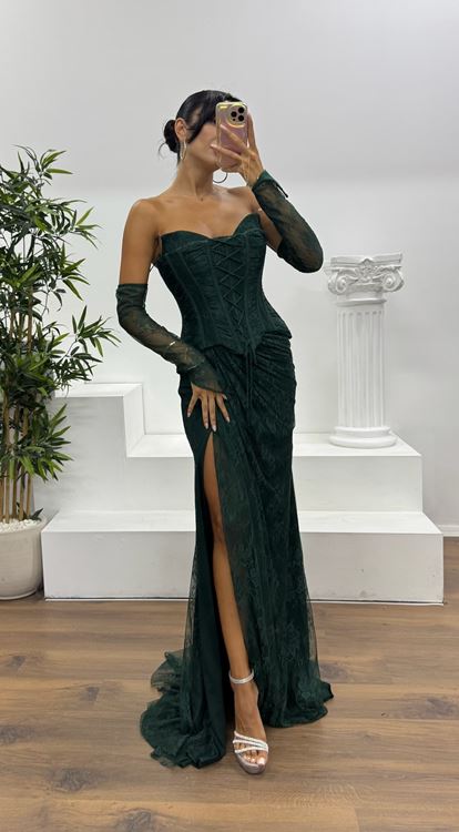 Zümrüt Straplez Dantel Abiye Elbise