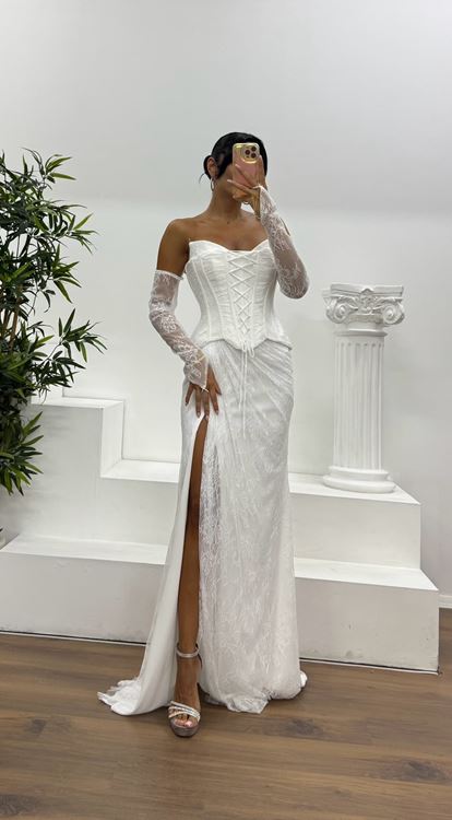 Kemik Straplez Dantel Abiye Elbise