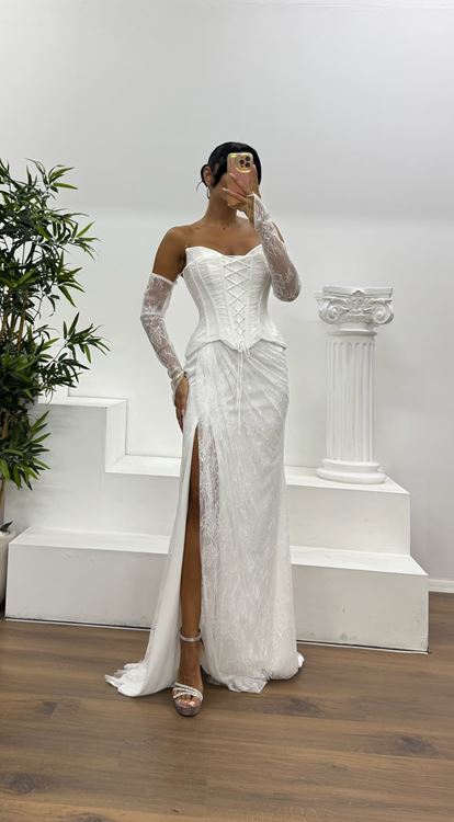 Kemik Straplez Dantel Abiye Elbise