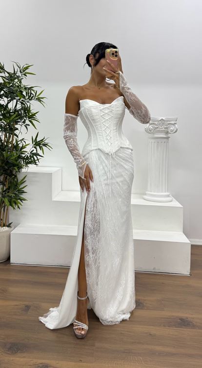 Kemik Straplez Dantel Abiye Elbise