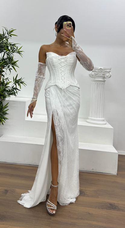 Kemik Straplez Dantel Abiye Elbise