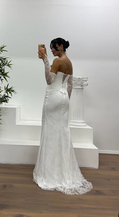 Kemik Straplez Dantel Abiye Elbise