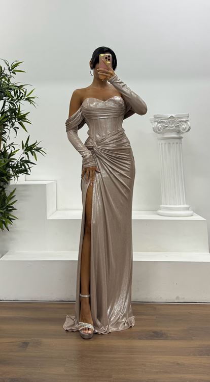 Koyu Gold Straplez Eldivenli Abiye Elbise