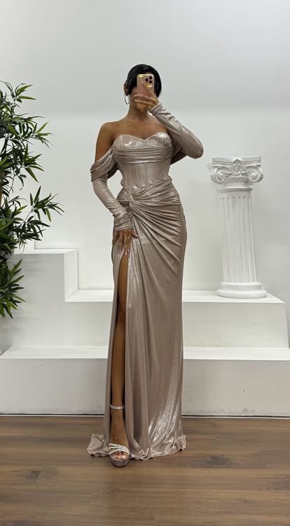 Koyu Gold Straplez Eldivenli Abiye Elbise