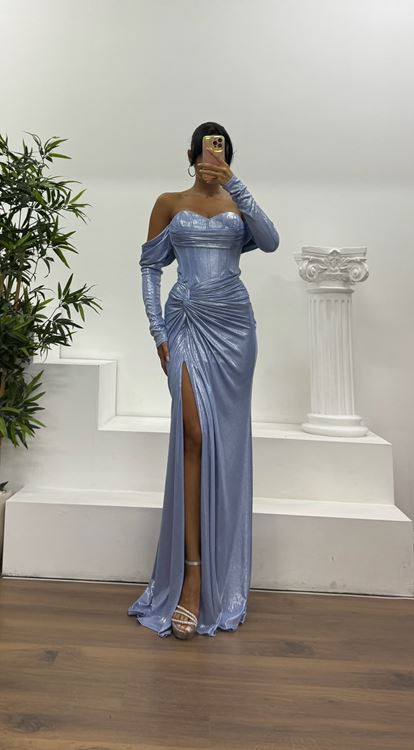 Mavi Straplez Eldivenli Abiye Elbise