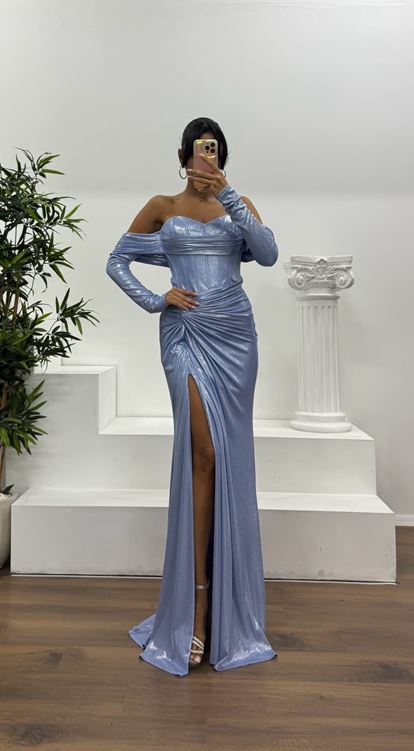 Mavi Straplez Eldivenli Abiye Elbise