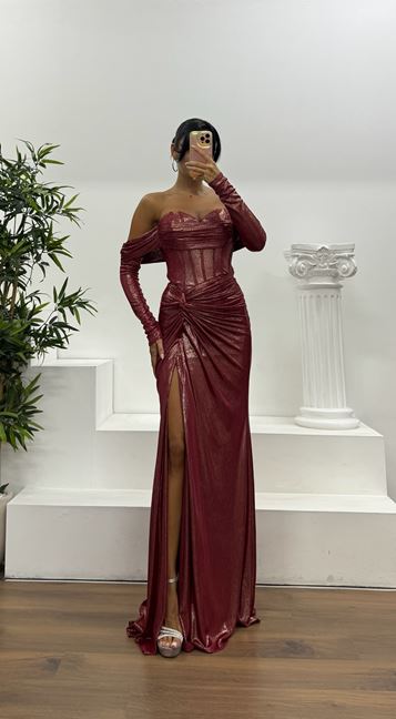 Red Strapless Evening Dress with Gloves