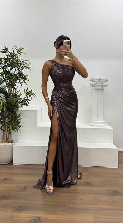 Bakır Tek Omuz Abiye Elbise