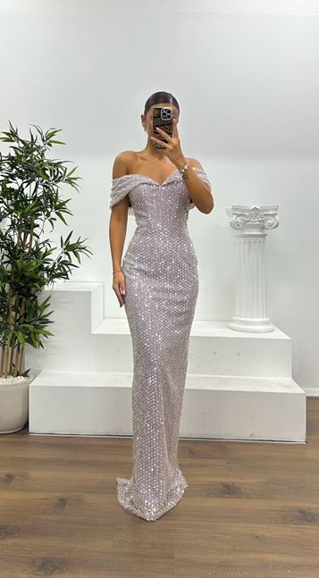 Lila Kayık Yaka Pullu Abiye Elbise