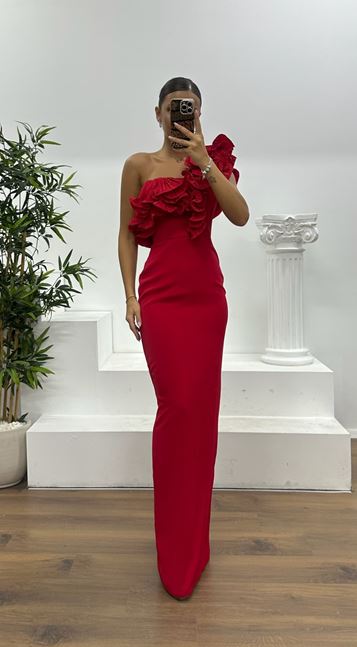 Kırmızı Tek Omuz Volanlı Abiye Elbise