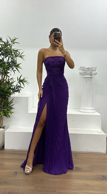 Mor Straplez Piliseli Abiye Elbise