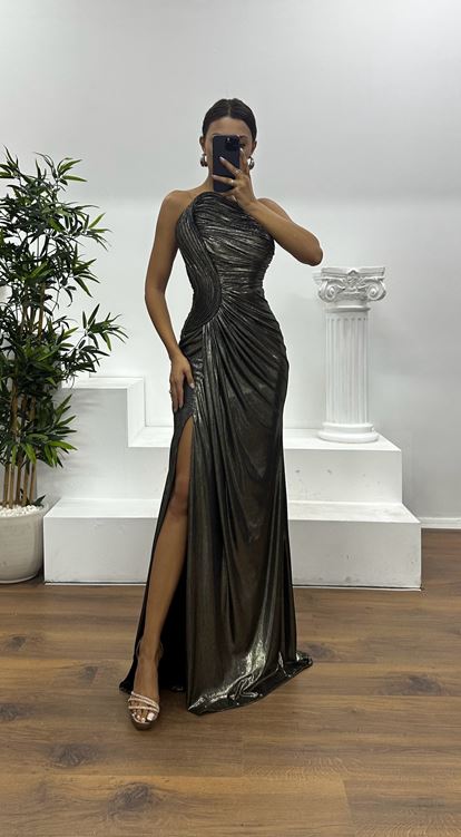 Siyah Gold Straplez Abiye Elbise