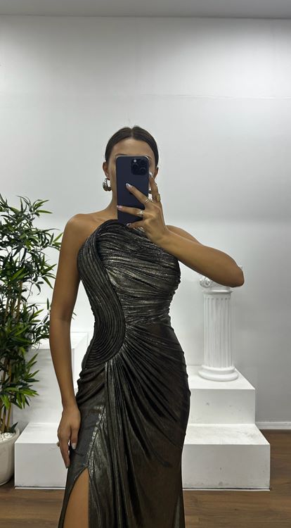 Siyah Gold Straplez Abiye Elbise