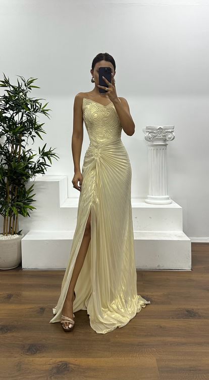 Kemik Gold Straplez Piliseli Abiye Elbise