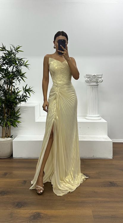 Kemik Gold Straplez Piliseli Abiye Elbise