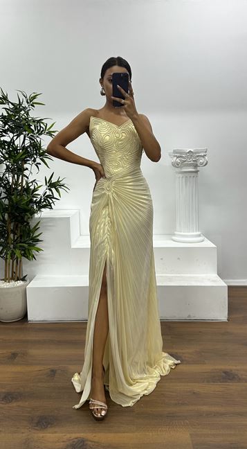 Bone Gold Strapless Pleated Evening Dress