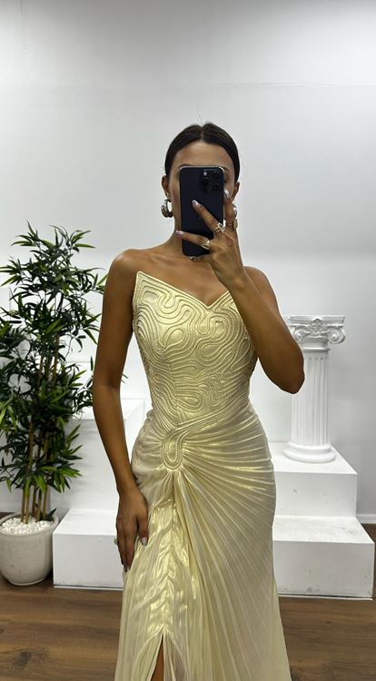 Kemik Gold Straplez Piliseli Abiye Elbise
