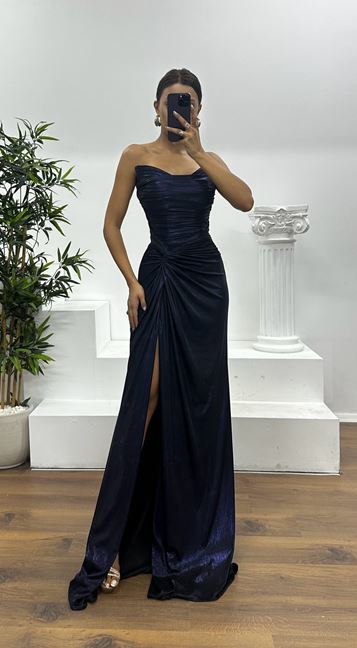 Navy Blue Strapless Draped Evening Dress