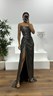 Siyah-Gold Straplez Drapeli Abiye Elbise