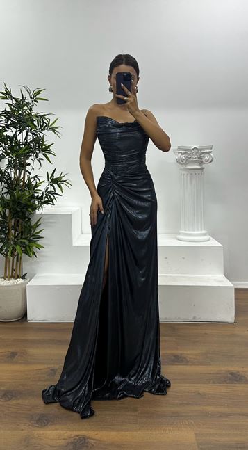 Anthracite Strapless Draped Evening Dress