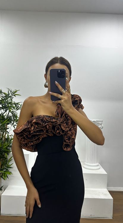 Siyah-Bakır Tek Omuz Volanlı Abiye Elbise