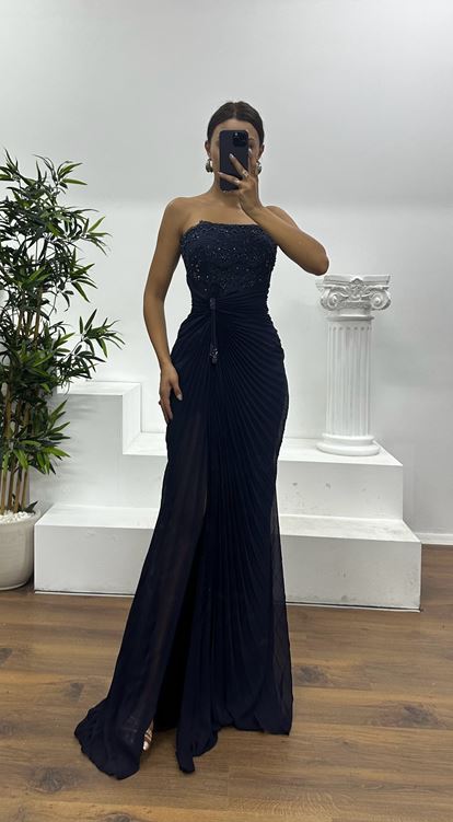 Navy Strapless Pleated Evening Dress