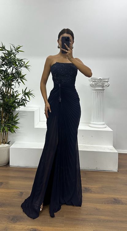 Navy Strapless Pleated Evening Dress