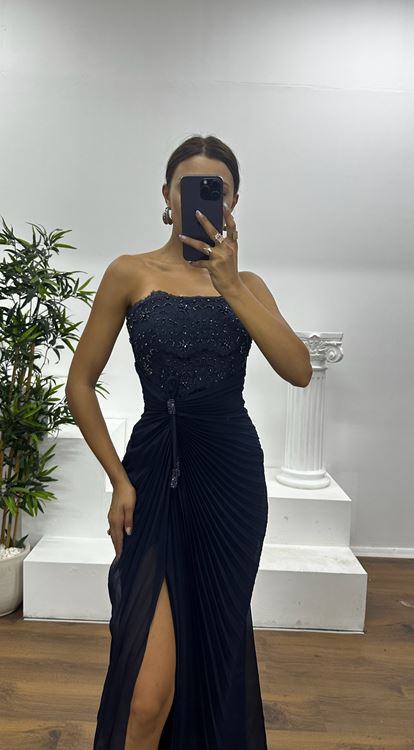Navy Strapless Pleated Evening Dress