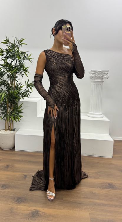 Siyah-Bakır Tek Omuz Eldivenli Abiye Elbise