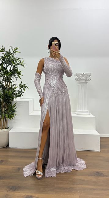 Light Lilac One Shoulder Evening Dress with Gloves