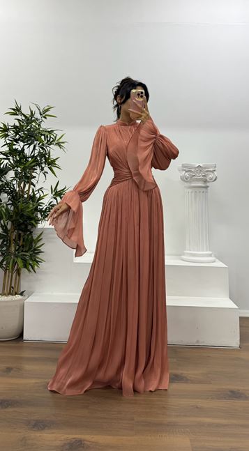 Copper Long Sleeve Chiffon Evening Dress