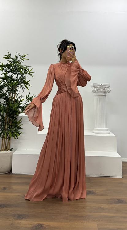 Copper Long Sleeve Chiffon Evening Dress