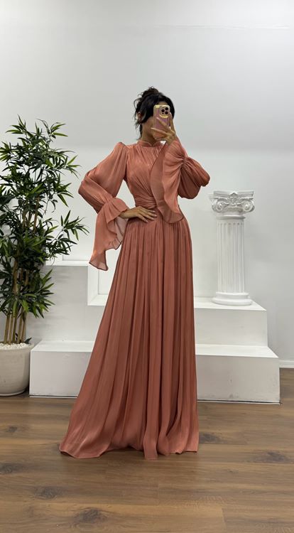 Copper Long Sleeve Chiffon Evening Dress