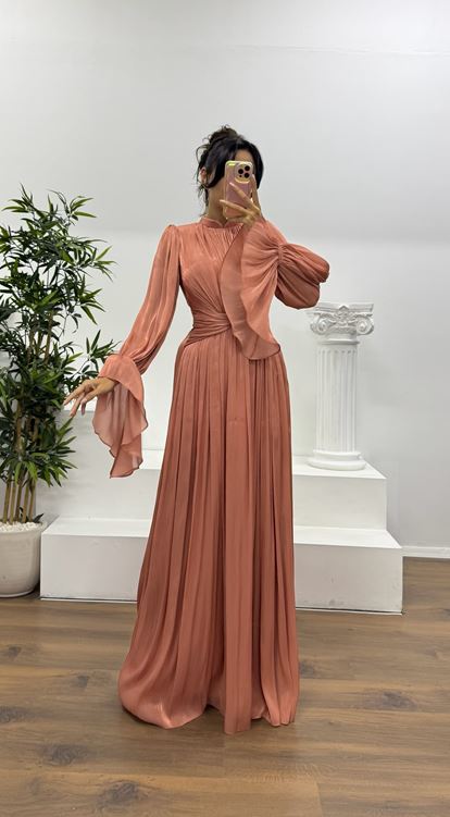 Copper Long Sleeve Chiffon Evening Dress