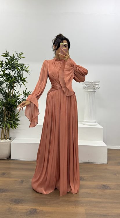Copper Long Sleeve Chiffon Evening Dress