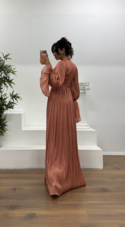 Copper Long Sleeve Chiffon Evening Dress