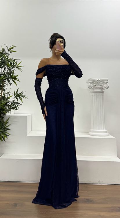 Lacivert İncli Dantel Abiye Elbise