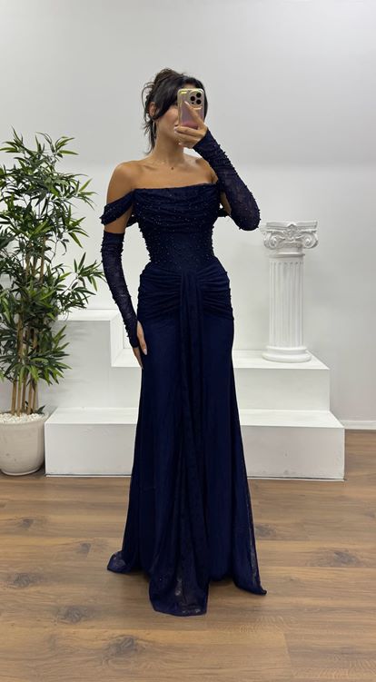 Lacivert İncli Dantel Abiye Elbise