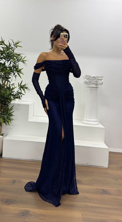 Lacivert İncli Dantel Abiye Elbise