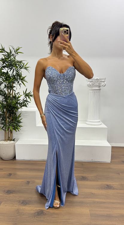 Indigo Strapless Glittery Evening Dress