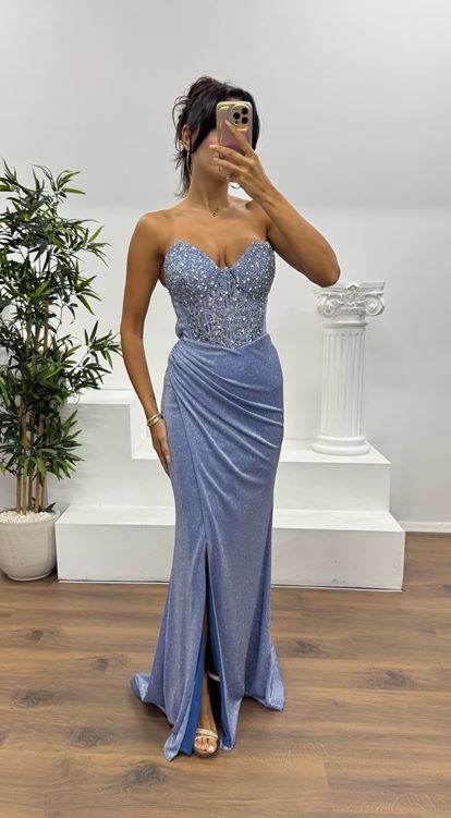Indigo Strapless Glittery Evening Dress