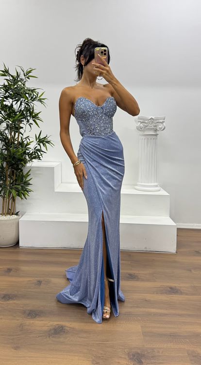 Indigo Strapless Glittery Evening Dress