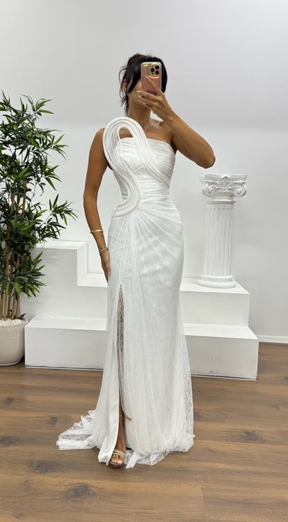 Kemik Straplez Dantel Abiye Elbise