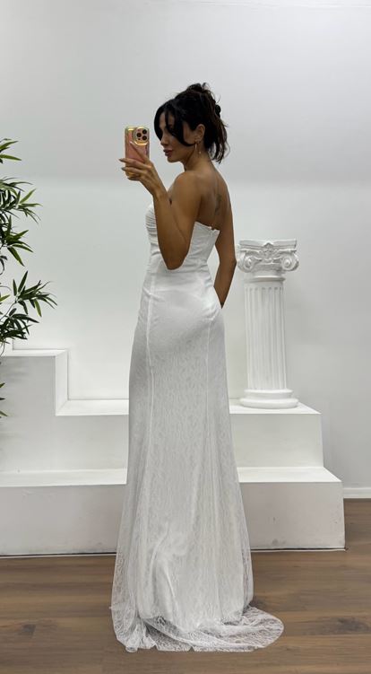 Kemik Straplez Dantel Abiye Elbise