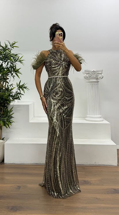 Haki Tüy Detay İşlemeli Abiye Elbise