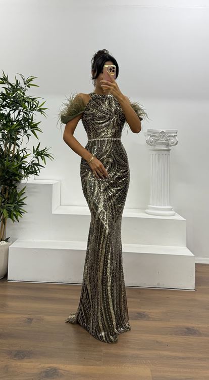 Haki Tüy Detay İşlemeli Abiye Elbise